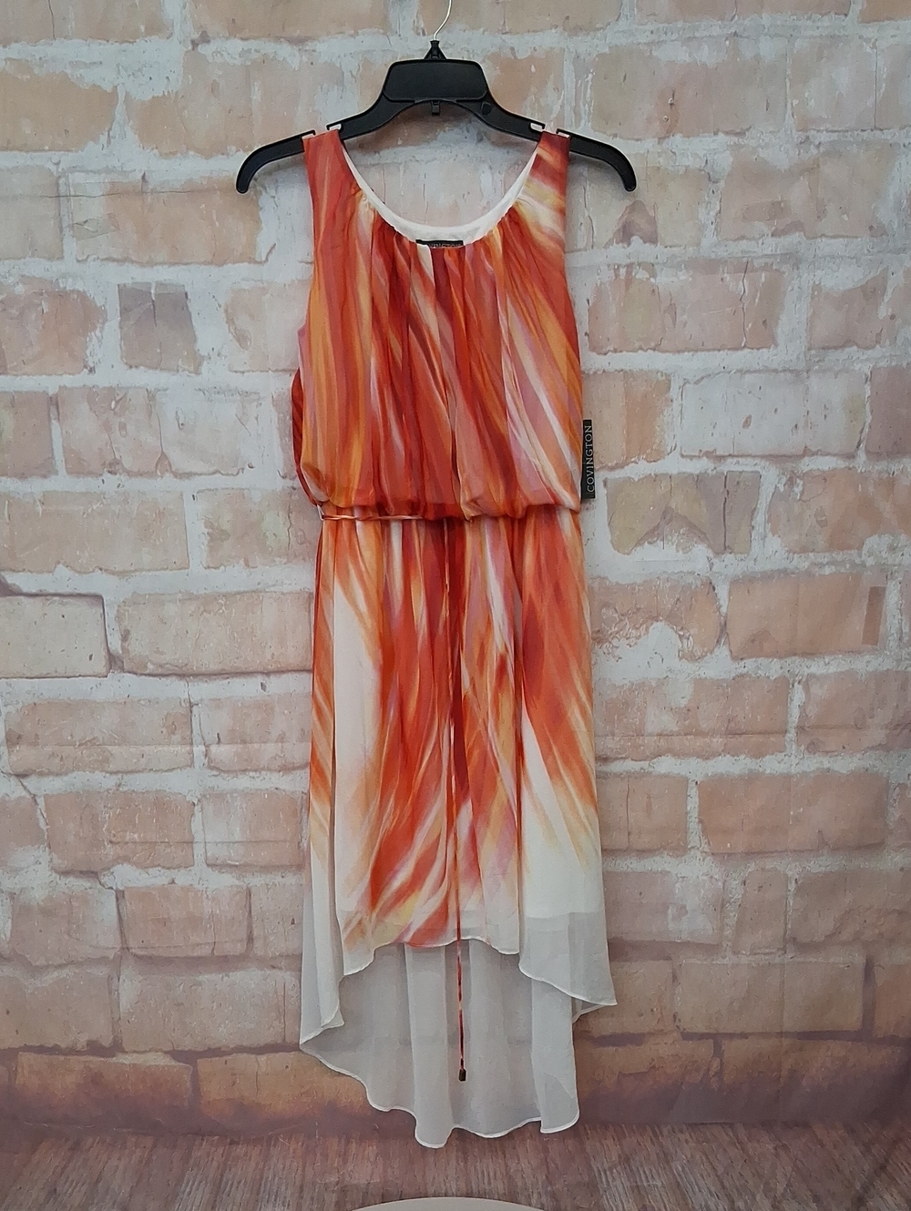 Covington Orange and Cream Watercolor High-Low Chiffon Dress